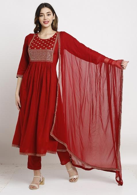Maroon Embroidered Rayon Kurta Set