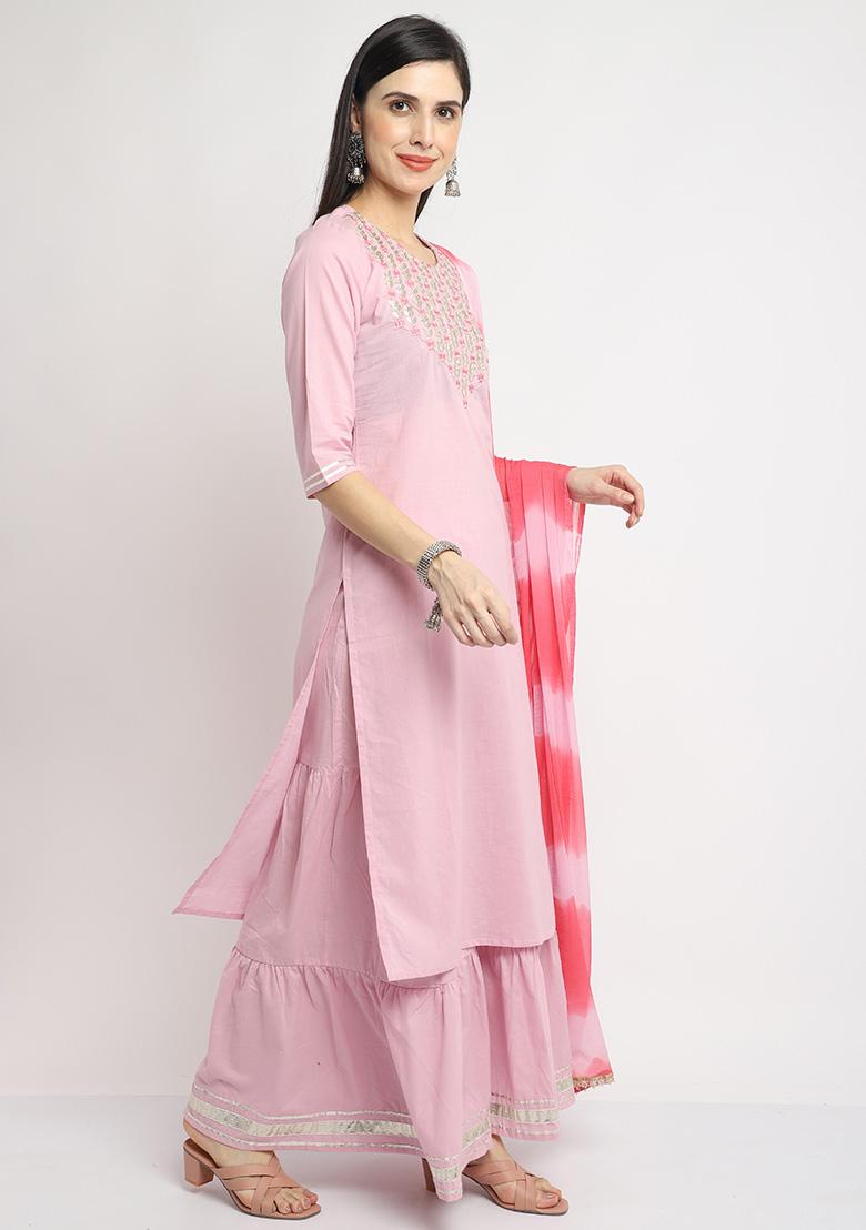 Pink Embroidered Cotton Kurta Set - Indya