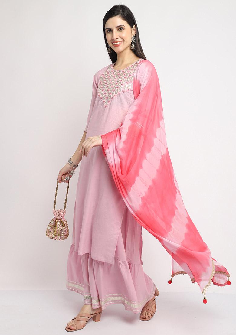 Pink Embroidered Cotton Kurta Set - Indya