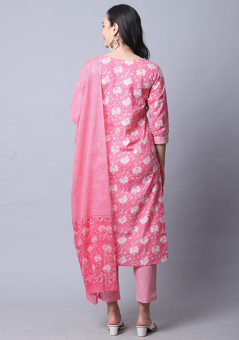 Pink Embroidered Cotton Kurta Set - Indya