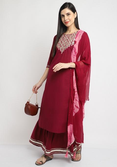 Magenta Embroidered Cotton Kurta Set