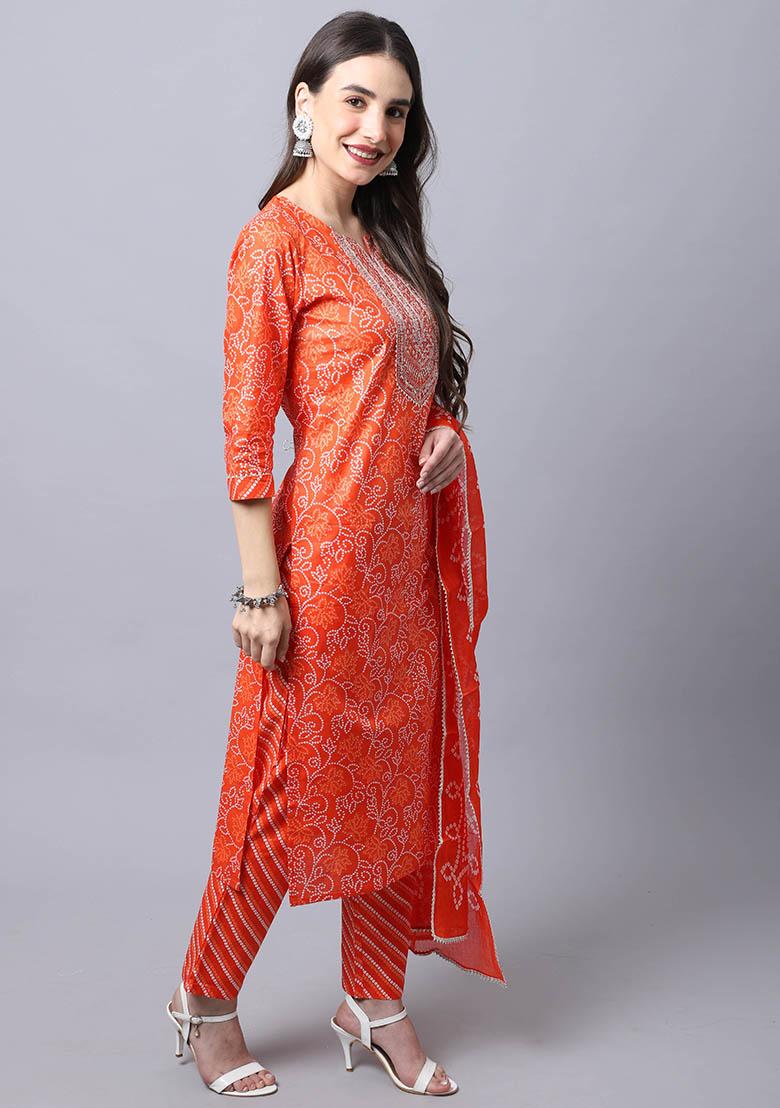 Orange Embroidered Cotton Kurta Set - Indya