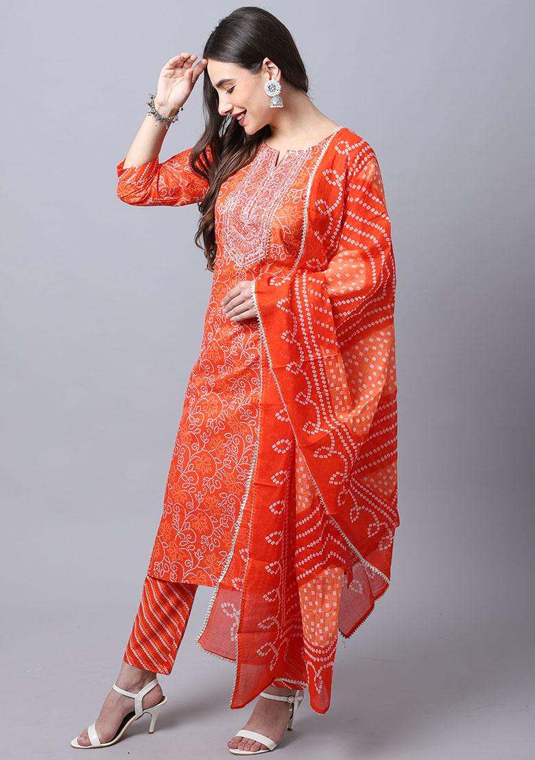 Orange Embroidered Cotton Kurta Set - Indya