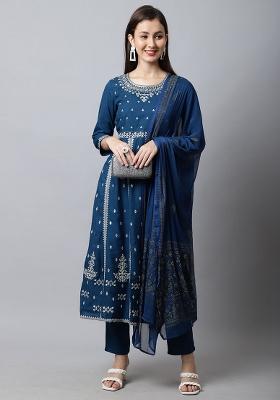Teal Blue Embroidered Rayon Kurta Set