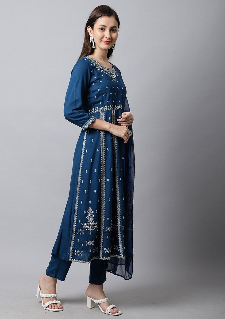 Teal Blue Embroidered Rayon Kurta Set - Indya