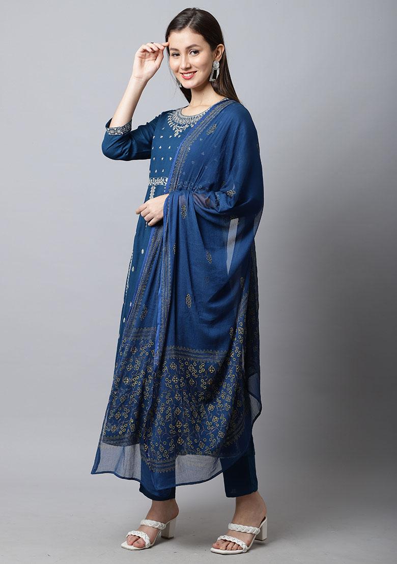 Teal Blue Embroidered Rayon Kurta Set - Indya