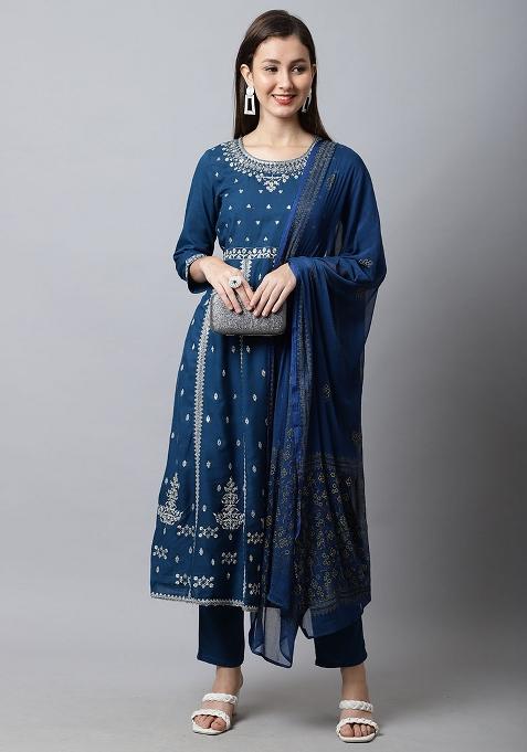 Teal Blue Embroidered Rayon Kurta Set