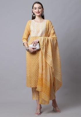 Mustard Embroidered Cotton Kurta Set