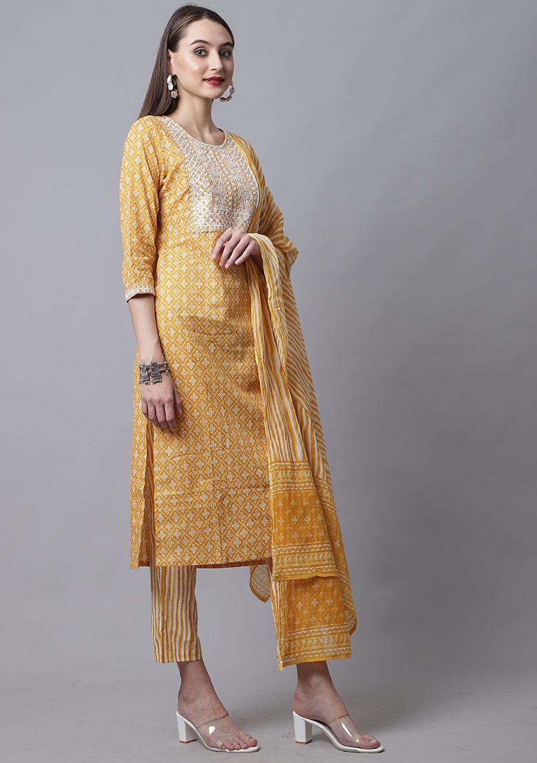 Mustard Embroidered Cotton Kurta Set - Indya