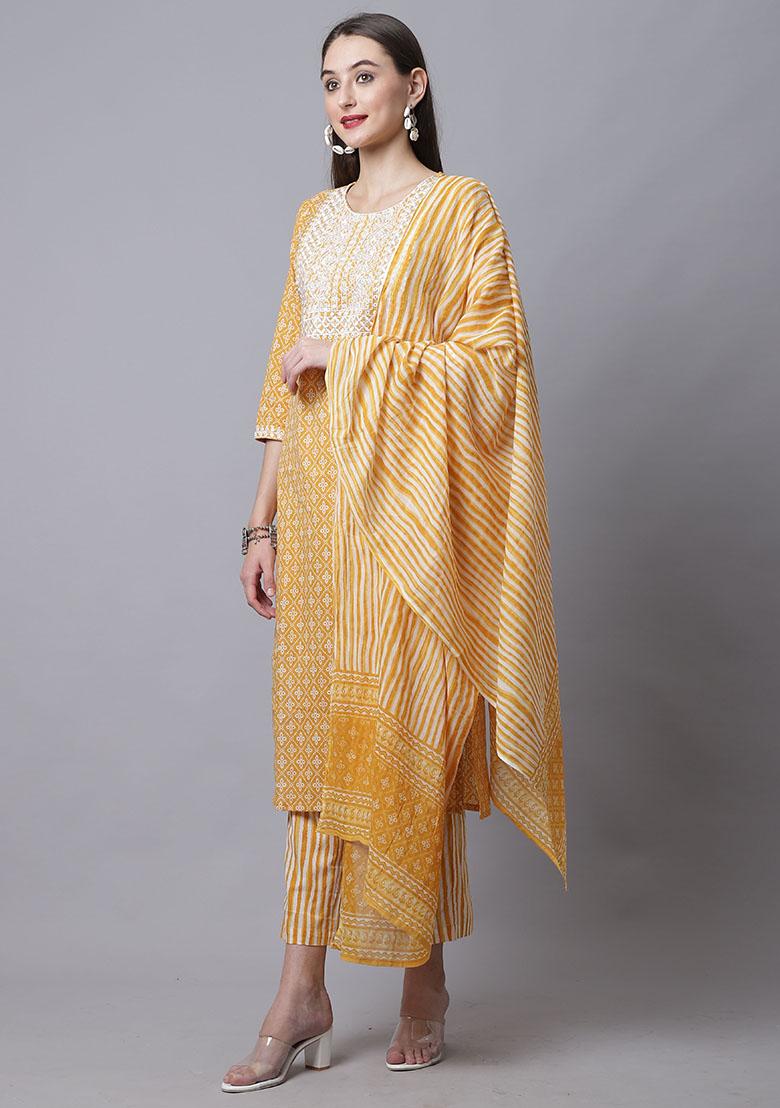 Mustard Embroidered Cotton Kurta Set - Indya