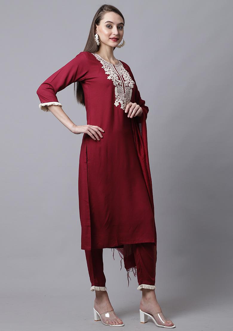Maroon Dori Work Cotton Kurta Set - Indya