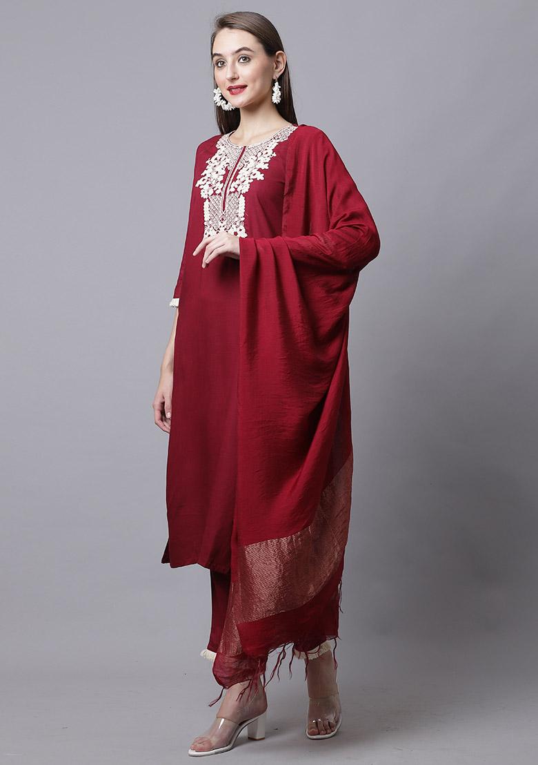 Maroon Dori Work Cotton Kurta Set - Indya