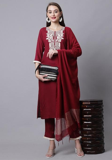 Maroon Dori Work Cotton Kurta Set