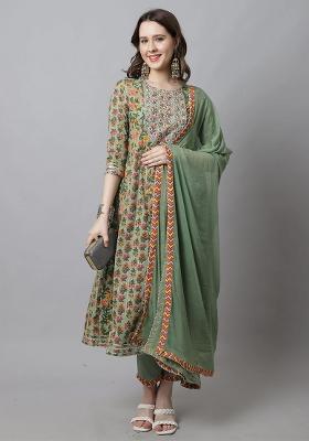 Pista Green Embroidered Cotton Kurta Set