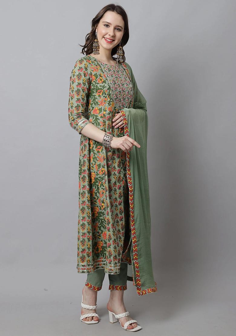 Pista Green Embroidered Cotton Kurta Set - Indya