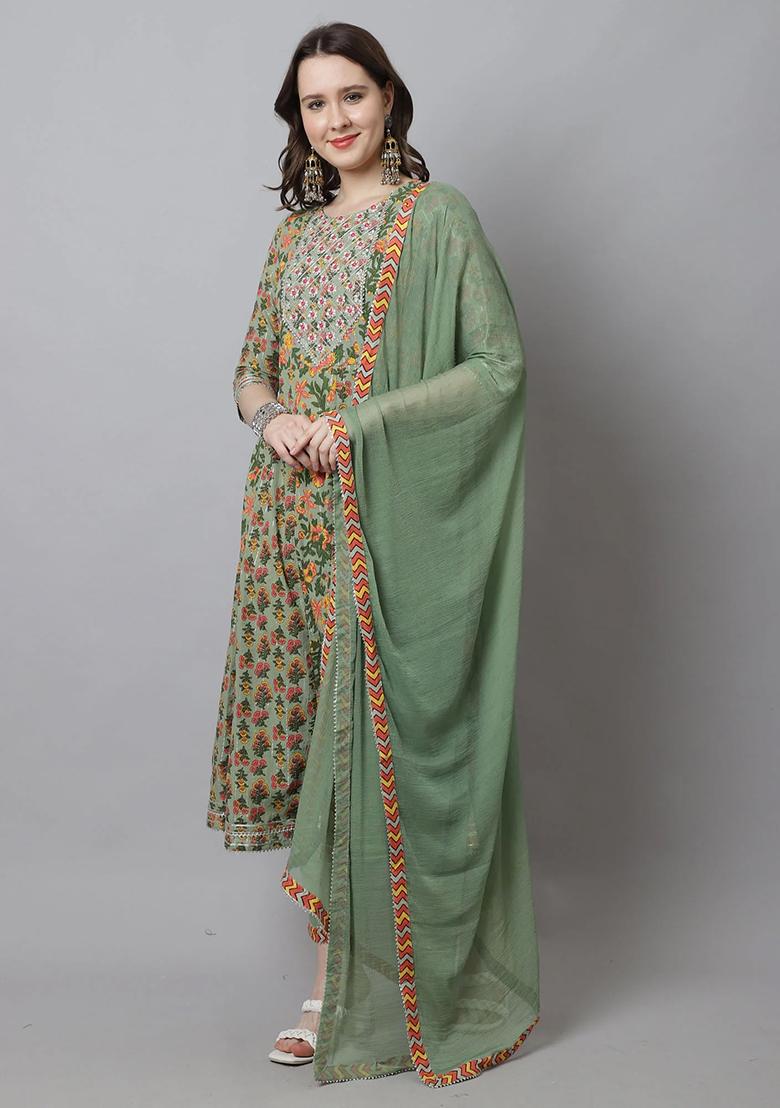 Pista Green Embroidered Cotton Kurta Set - Indya