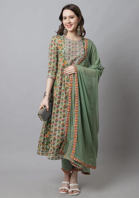 Pista Green Embroidered Cotton Kurta Set