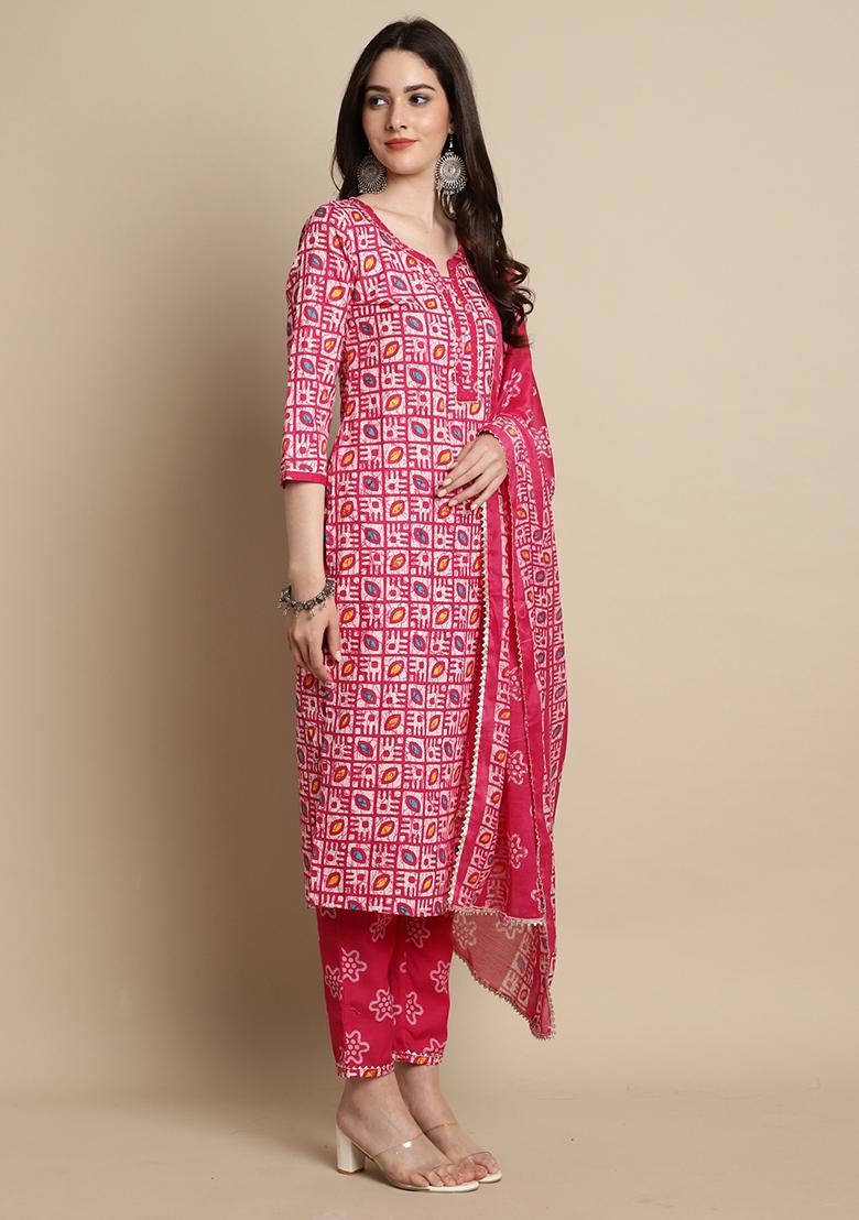 Pink Printed Cotton Kurta Set - Indya