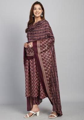 Wine And Beige Printed Cotton Kurta Set