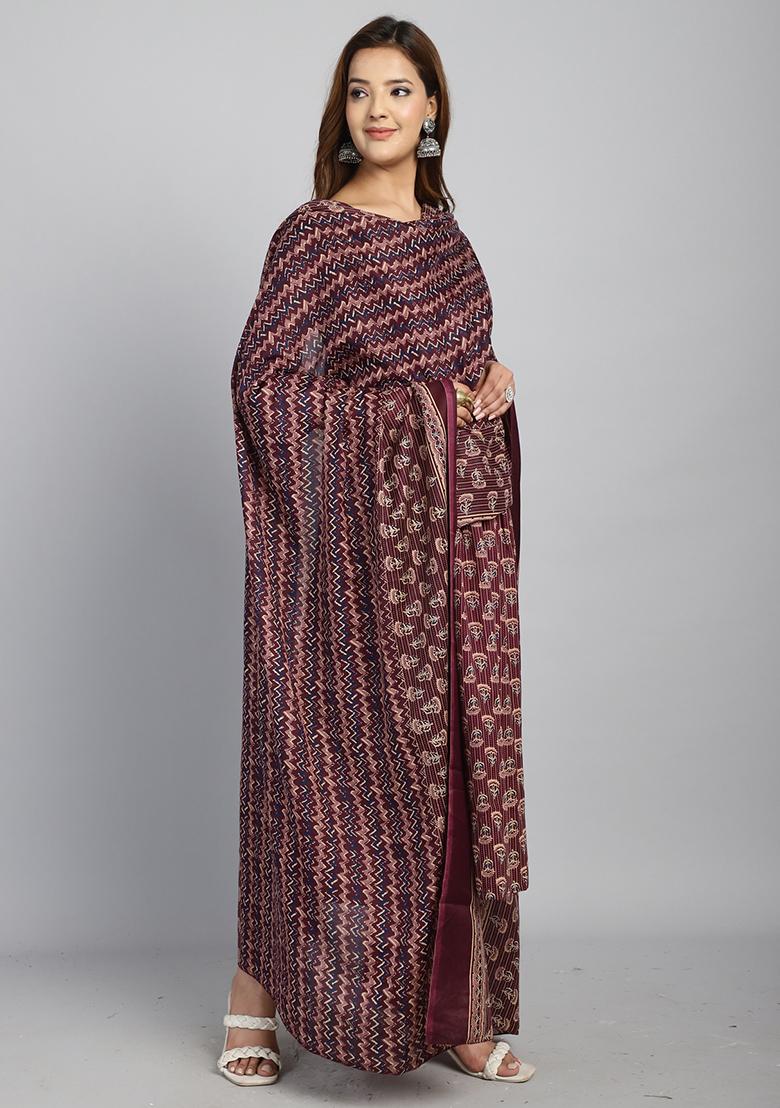 Wine And Beige Printed Cotton Kurta Set - Indya