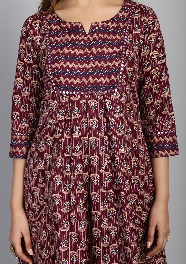 Wine And Beige Printed Cotton Kurta Set - Indya