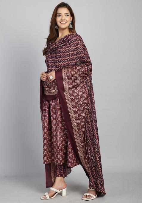 Wine And Beige Printed Cotton Kurta Set