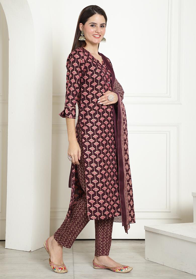Wine And Beige Printed Cotton Kurta Set - Indya