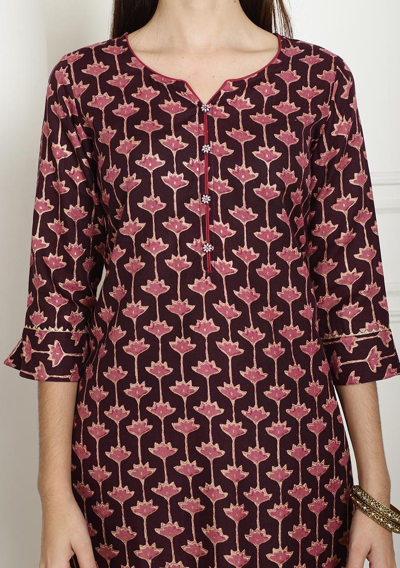 Wine And Beige Printed Cotton Kurta Set - Indya
