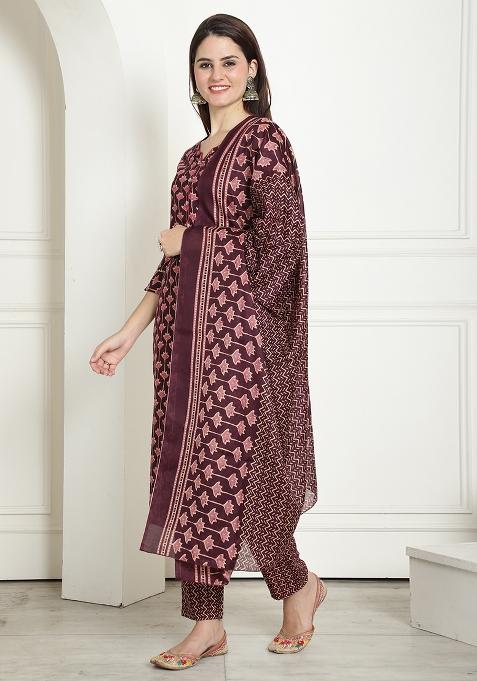 Wine And Beige Printed Cotton Kurta Set