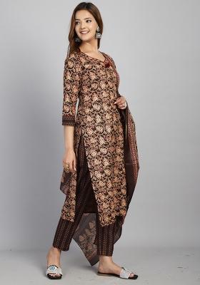 Brown And Beige Printed Cotton Kurta Set