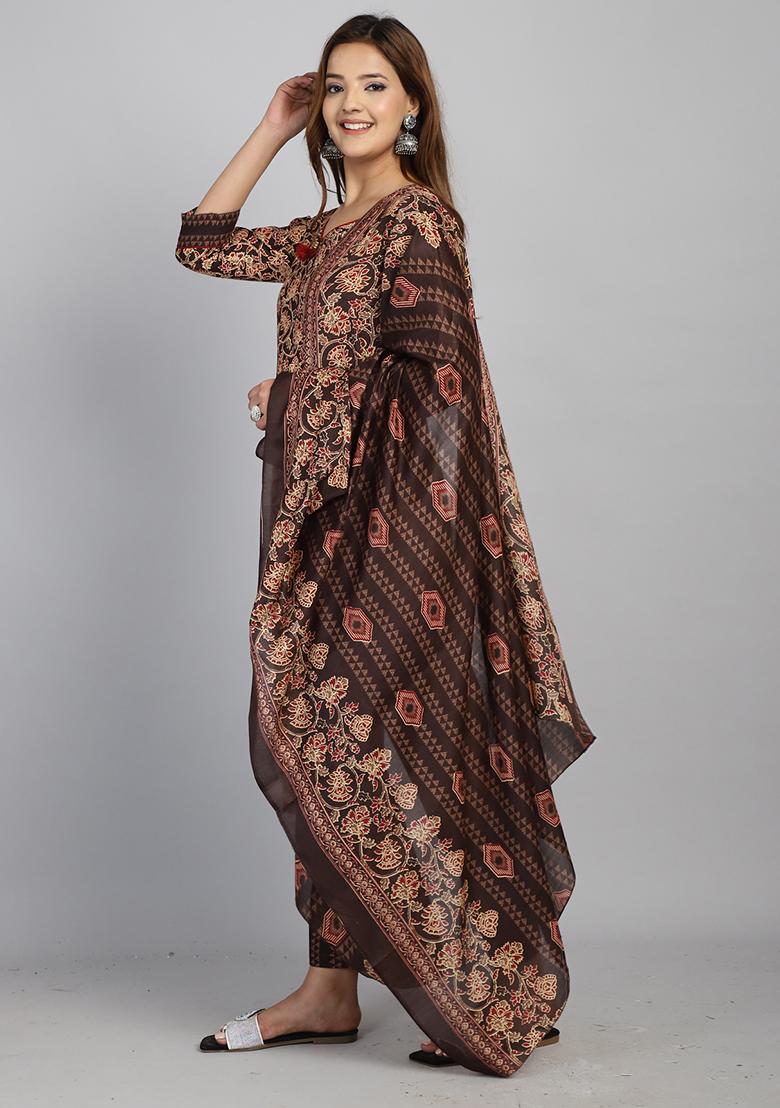 Brown And Beige Printed Cotton Kurta Set - Indya