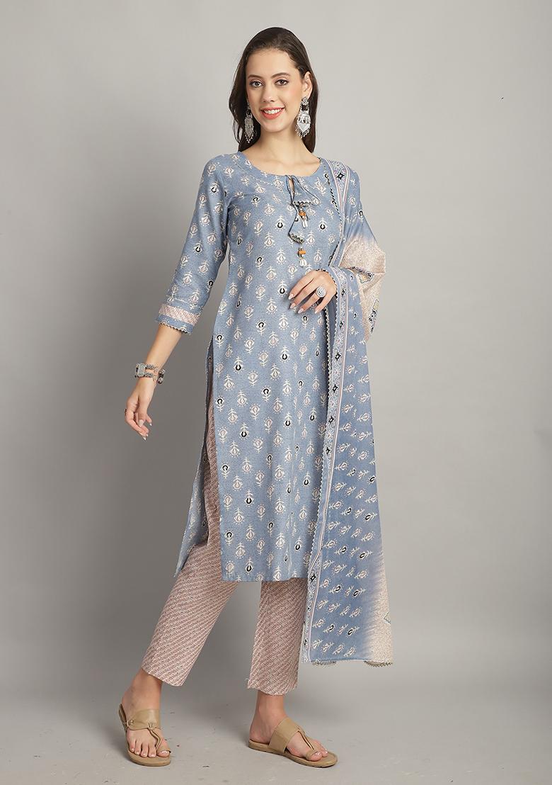 Sky Blue Printed Cotton Kurta Set - Indya