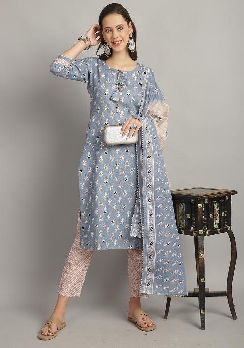 Sky Blue Printed Cotton Kurta Set