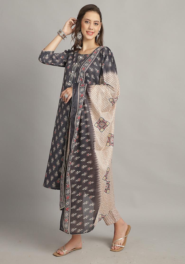 Grey Printed Cotton Kurta Set - Indya