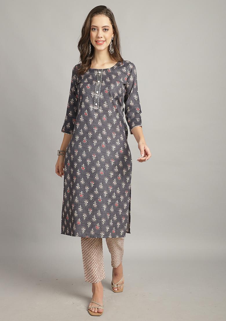 Grey Printed Cotton Kurta Set - Indya