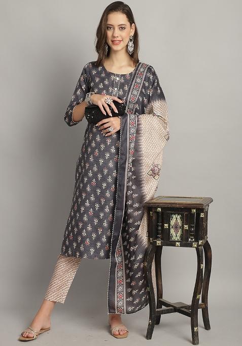 Grey Printed Cotton Kurta Set