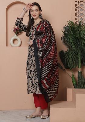 Beige And Black Printed Cotton Kurta Set