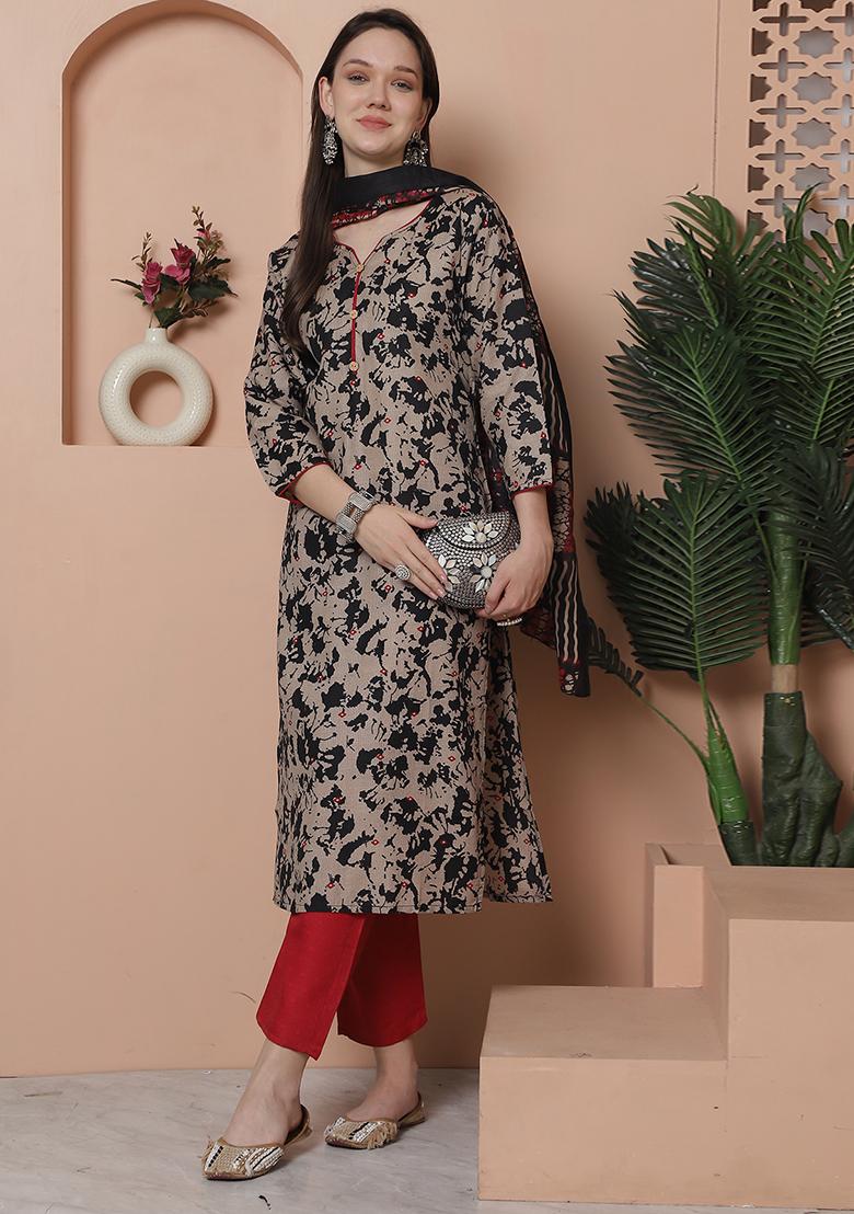 Beige And Black Printed Cotton Kurta Set - Indya