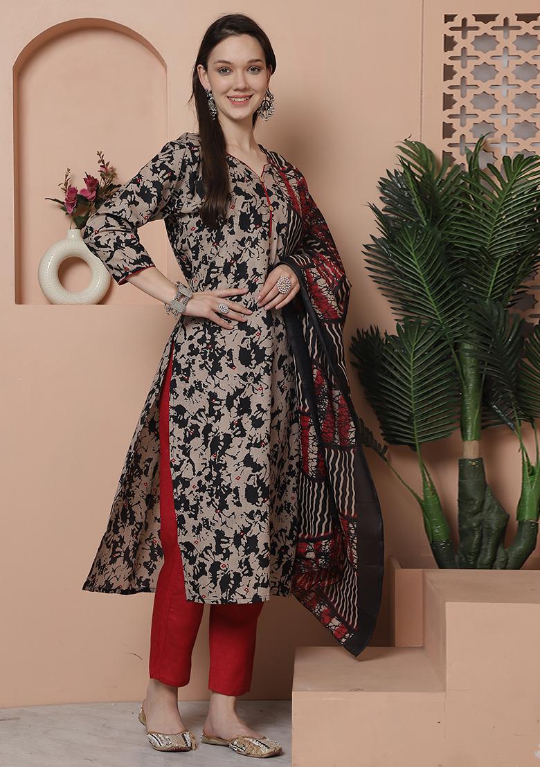 Beige And Black Printed Cotton Kurta Set - Indya