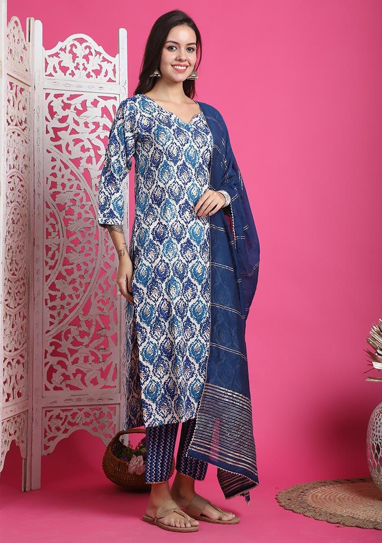 Teal Blue And Beige Printed Rayon Kurta Set - Indya
