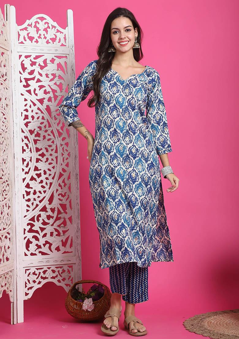 Teal Blue And Beige Printed Rayon Kurta Set - Indya