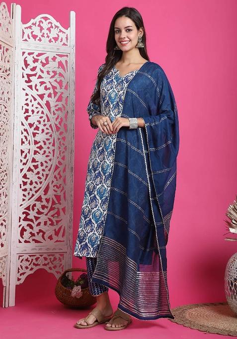 Teal Blue And Beige Printed Rayon Kurta Set