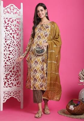Mustard And Beige Printed Rayon Kurta Set