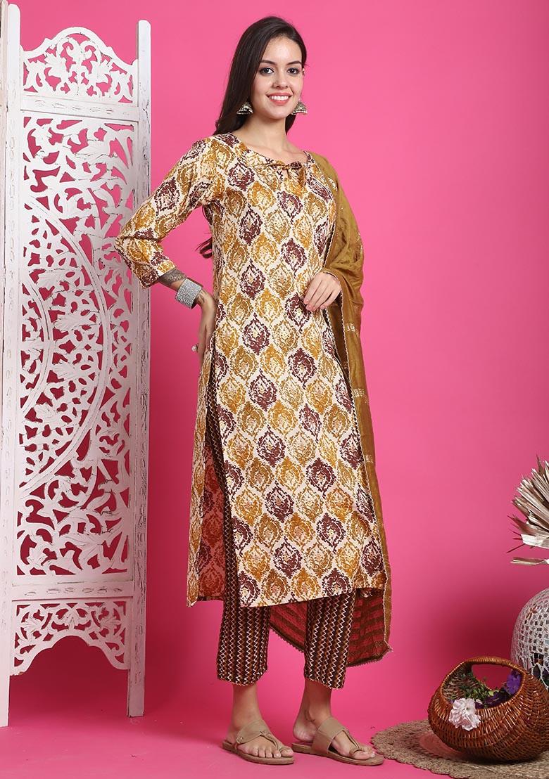 Mustard And Beige Printed Rayon Kurta Set - Indya