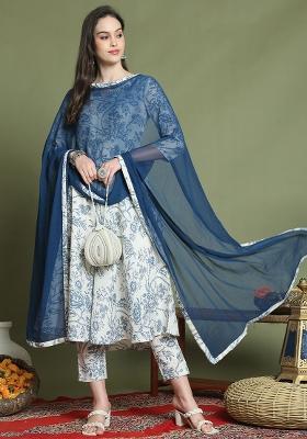 Off-White And Blue Printed Cotton Kurta Set