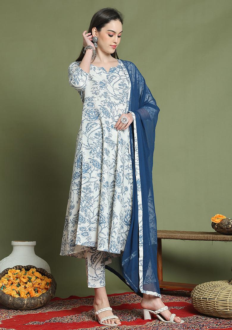 Off-White And Blue Printed Cotton Kurta Set - Indya