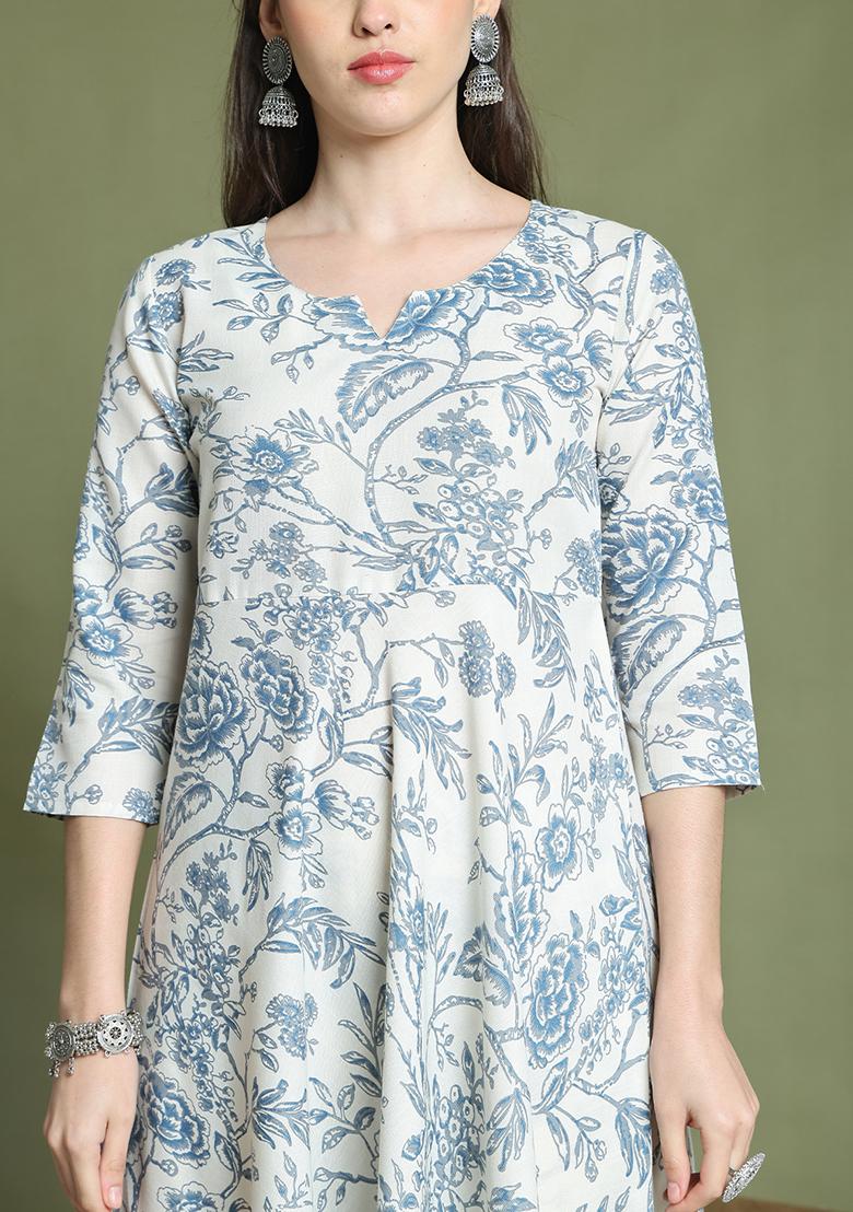 Off-White And Blue Printed Cotton Kurta Set - Indya