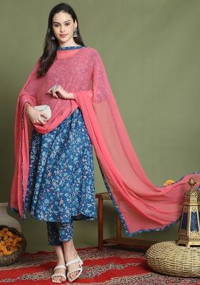 Blue Printed Cotton Kurta Set