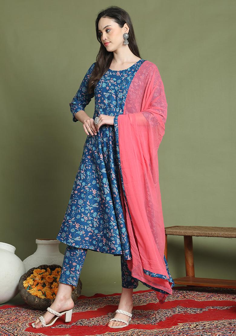 Blue Printed Cotton Kurta Set - Indya