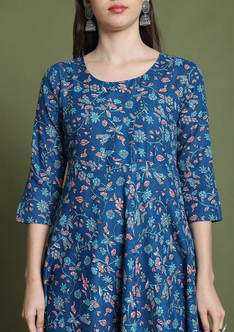 Blue Printed Cotton Kurta Set - Indya